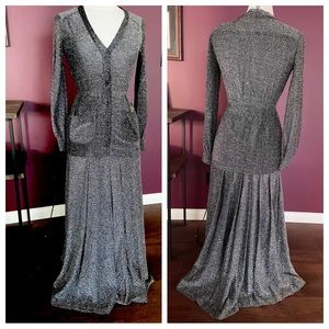 Juliet Dunn Two-Piece Silver Lurex Evening Top & Maxi Skirt Fits Sz 4-6